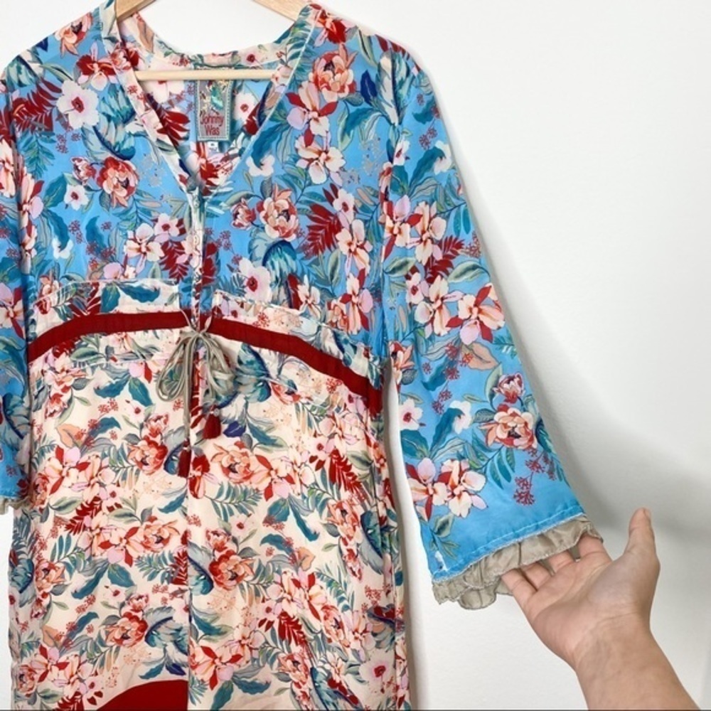 Johnny Was long sleeves floral adjustable waist tie button front closure dress - Picture 9 of 15